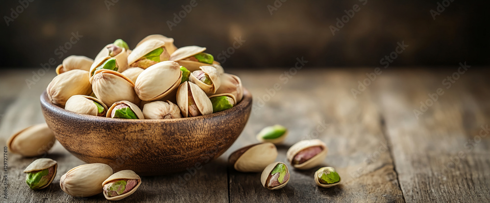 Close-up of shelled pistachios in a wooden bowl with some scattered around, symbolizing healthy snacks, nuts, and nutritious eating on a rustic wooden table.