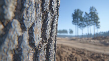 Close-up tree bark, hazy forest background, construction site