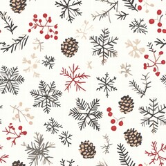 Poster - Winter pattern featuring pine cones, snowflakes, and berries in various colors on a light background. Generative AI