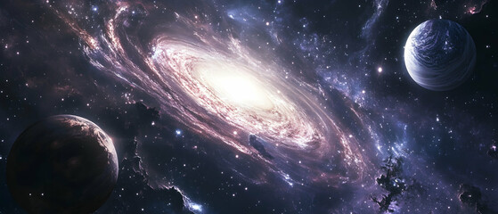 Wall Mural - cosmic voyage with swirling galaxy, nebula, and distant planet -