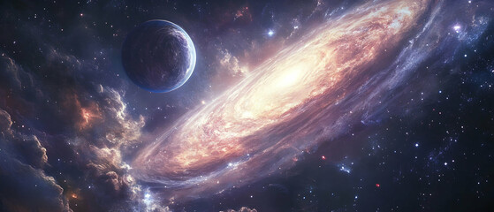 Wall Mural - cosmic voyage with swirling galaxy, nebula, and distant planet -