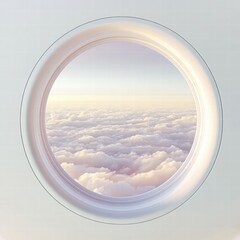 Fototapete - Beautiful view of soft clouds from an airplane window high in the sky during a serene sunrise. Generative AI