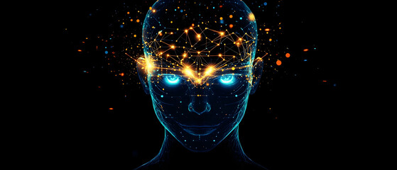 Wall Mural - futuristic humanoid head with glowing neon neural network and blue-yellow eyes, ai technology concep