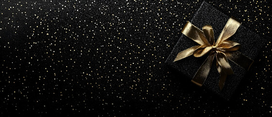 Wall Mural - gift box with a golden ribbon on a black glitter background -