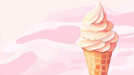 Aufkleber - Soft serve ice cream cone topped with creamy swirls against a pastel pink background in a modern design. Generative AI