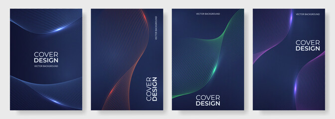 Poster - Abstract dark blue poster set with glowing wavy lines. Modern technology cover design vector template collection for flyer, brochure, banner, notebook, book, annual report, presentation background.
