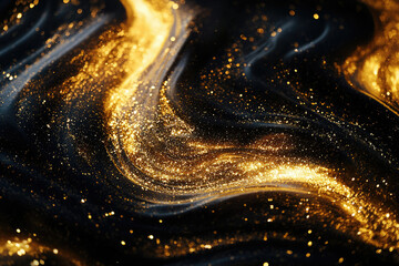 Poster - Swirling gold glitter on a dark background, creating a luxurious and elegant abstract design.