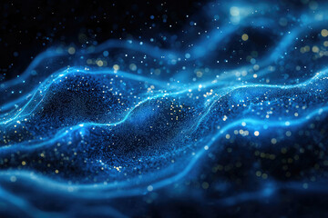 Poster - Abstract blue wave of glowing particles, dynamic and vibrant digital art.