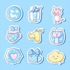 Poster - Colorful collection of cute stickers featuring animals and gifts on a bright blue background. Generative AI