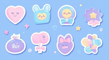 Poster - Colorful collection of cute stickers featuring hearts, characters, and playful designs on pastel blue background. Generative AI