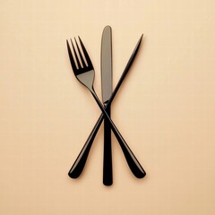 Aufkleber - Black fork and knife arranged in a crossed pattern on a beige background for culinary presentation. Generative AI