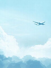 Poster - Airplane flying high above fluffy clouds in a clear blue sky during daytime. Generative AI
