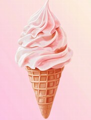 Aufkleber - Soft serve ice cream cone with pink swirl on a pastel background perfect for summer treat. Generative AI