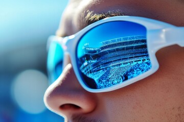 Reflection of stadium and crowd on sunglasses worn by hispanic male adult