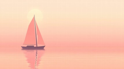 Fototapete - Sailboat glides across serene water at sunrise with gentle colors reflecting in calm sea. Generative AI