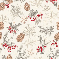 Leinwandbilder - Nature inspired design with pine cones and red berries on a light background for festive decor and crafts. Generative AI