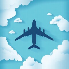 Poster - Airplane flying above fluffy clouds on a sunny day in a clear blue sky. Generative AI