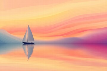 Poster - Sailboat gliding across a tranquil lake at sunset with a stunning pastel sky reflecting in calm water. Generative AI