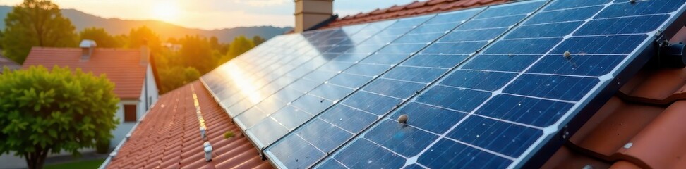 Close-up solar panel array on residential roof, residential, solar technology