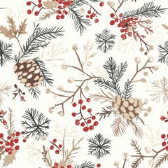 Poster - Beautiful winter pattern featuring pine cones and colorful berries on a light background. Generative AI