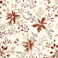 Poster - Beautiful floral pattern featuring autumn colors on a light background with leaves and berries, perfect for fabric designs. Generative AI