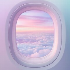 Poster - Bright pastel sunrise over fluffy clouds seen from an airplane window during early morning flight. Generative AI