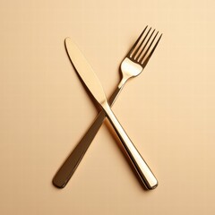 Aufkleber - Elegant gold fork and knife arranged in a crossed position on a smooth surface during a dining setup. Generative AI