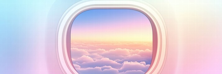 Poster - Beautiful colorful sunset view outside an airplane window over fluffy clouds during evening flight. Generative AI