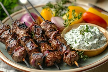 Fototapete - Grilled beef skewers with vegetables and herb yogurt dip on platter