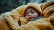 © aan - A sleepy baby boy snuggled in a soft blanket on a rainy day, peaceful and cozy, with warm tones and gentle lighting.