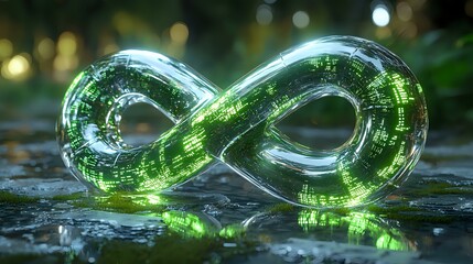 Glowing infinity symbol with digital matrix code pattern emits green light against dark background, representing endless technology and digital transformation.