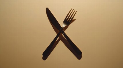 Aufkleber - Crossed knife and fork casting shadows on a flat surface in a simple dining setting. Generative AI