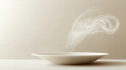 Poster - Hot steam rises from an empty white plate on a table with a soft neutral background in a cozy kitchen setting. Generative AI