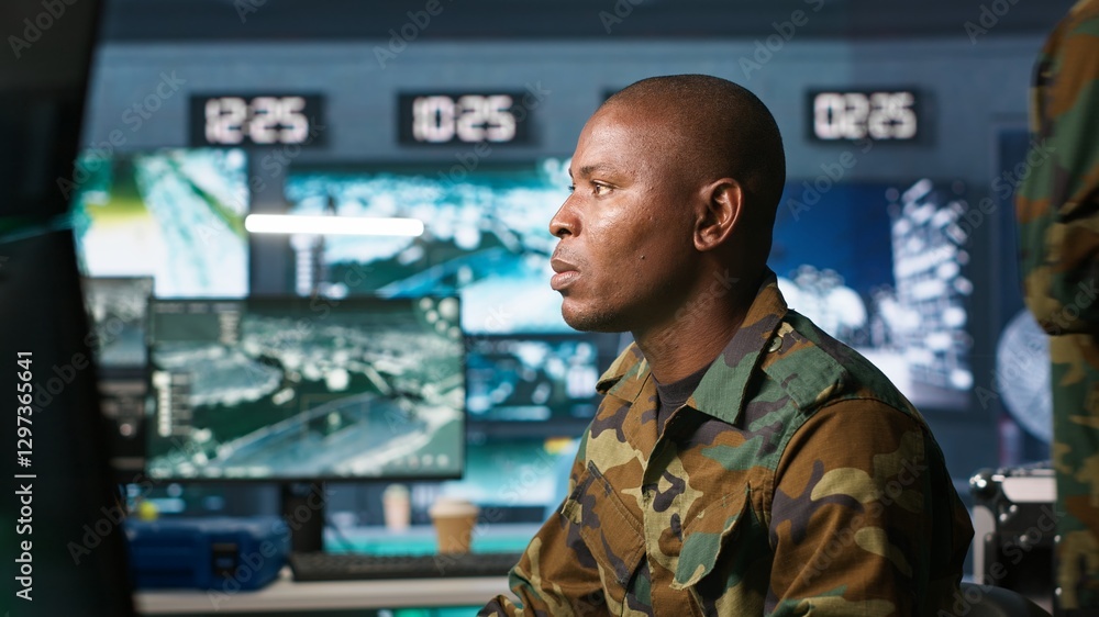 Foto de Stock Intelligence operative in military base doing ...