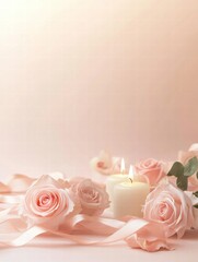 Aufkleber - Soft pink roses and candle create a serene atmosphere for celebration or relaxation in a minimalist setting. Generative AI