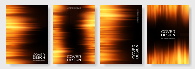 Poster - Black and orange modern abstract vertical background set with yellow glowing movement and high-speed light effect. Vector cover design template collection for flyer, brochure, banner.