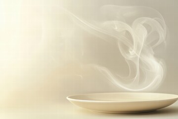 Leinwandbilder - Steam rises from a freshly served dish on a minimalist plate in a calming kitchen setting during early morning light. Generative AI