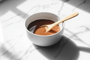 Aufkleber - Creamy chocolate mixture in a white bowl on a marble surface with a wooden spoon during bright daylight. Generative AI