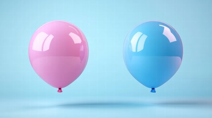 Poster - Colorful pink and blue balloons floating against a light blue background in a festive atmosphere. Generative AI