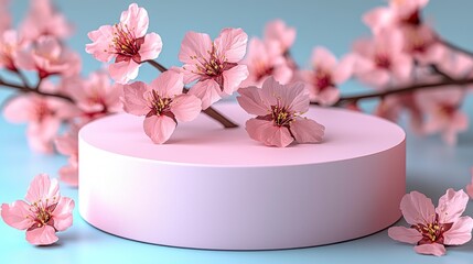 Canvas Print - Cherry blossoms on pink platform, spring background