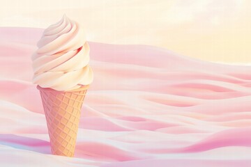 Aufkleber - Swirling soft serve ice cream cone on a pastel pink landscape at sunset. Generative AI
