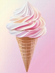 Aufkleber - Enjoying a delicious ice cream cone with swirls of pink and white on a light pastel background. Generative AI