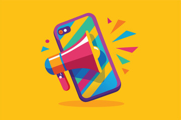 Poster - Colorful smartphone with a megaphone emerging, symbolizing communication and announcements in a vibrant setting
