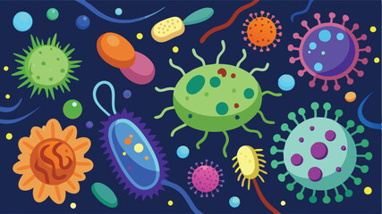 Fototapete - Colorful vector illustration showcasing various types of microorganisms in a vibrant and playful design against a dark background