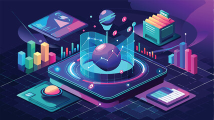 Aufkleber - Digital global network illustration featuring charts, data graphs, and financial symbols in a futuristic design set against a dark background