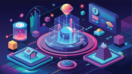 Aufkleber - Digital global network illustration featuring charts, data graphs, and financial symbols in a futuristic design set against a dark background