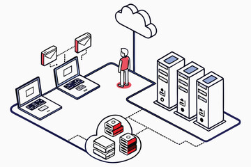Poster - Illustration depicting a person interacting with cloud servers and devices, showcasing technology integration in a digital workspace