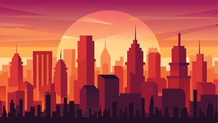 Fototapete - Sunset over a stylized city skyline with vibrant hues and geometric shapes, capturing the essence of urban life and architecture at dusk