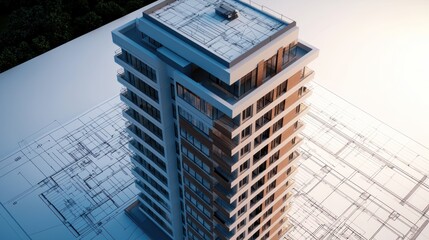 Modern high-rise building under construction with architectural plans in the background