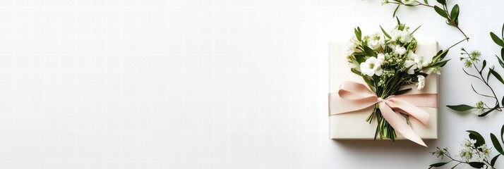 Poster - Beautifully wrapped gift with floral arrangement on a simple white background for special occasions. Generative AI